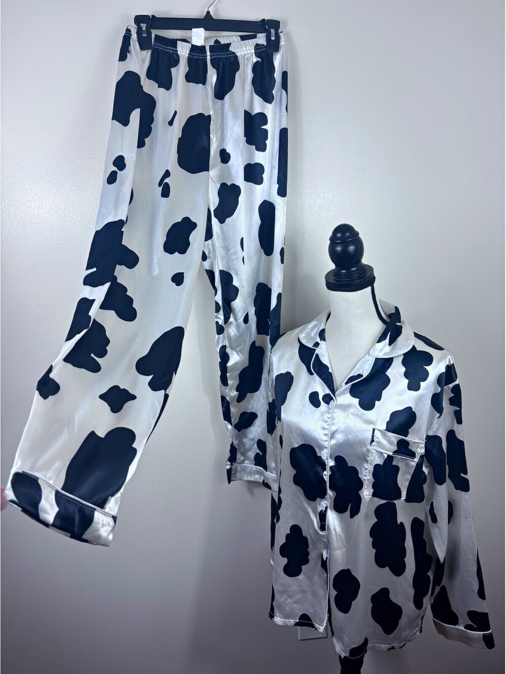 Satin Cow Animal Print 2-Piece Pajama Set Button Front Collared Black/White